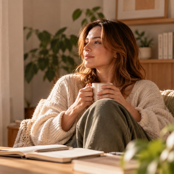 Mujer serena con una taza en las manos mirando por la ventana