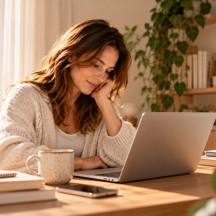 Mujer sonriendo delante del portátil durante una sesión online, con una taza a la luz de la tarde